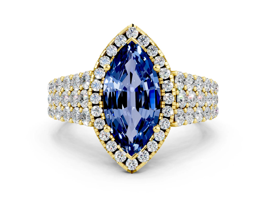 Yellow gold Marquise Cut Halo Pavé Diamond Engagement Ring with Split Shank and Four-Prong Setting