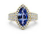 Yellow gold Marquise Cut Halo Pavé Diamond Engagement Ring with Split Shank and Four-Prong Setting