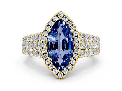 Yellow gold Marquise Cut Halo Pavé Diamond Engagement Ring with Split Shank and Four-Prong Setting