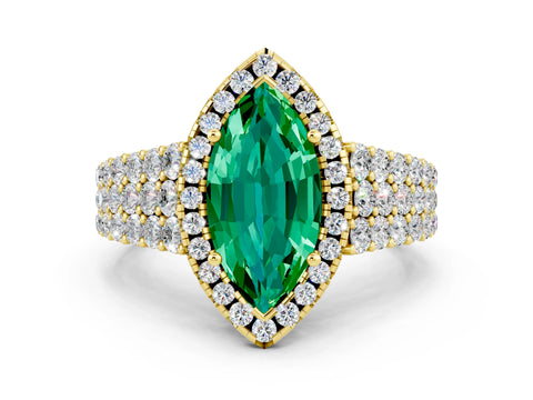 Yellow gold Marquise Cut Halo Pavé Diamond Engagement Ring with Split Shank and Four-Prong Setting