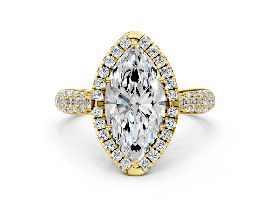 Yellow gold Marquise Cut Halo Pave Band Four-Prong Setting Ring_38