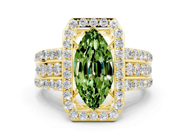 Yellow gold Marquise Cut Halo Peridot Ring with Round  Split Shank and Prong Setting