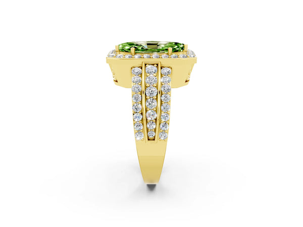 Yellow gold Marquise Cut Halo Peridot Ring with Round  Split Shank and Prong Setting