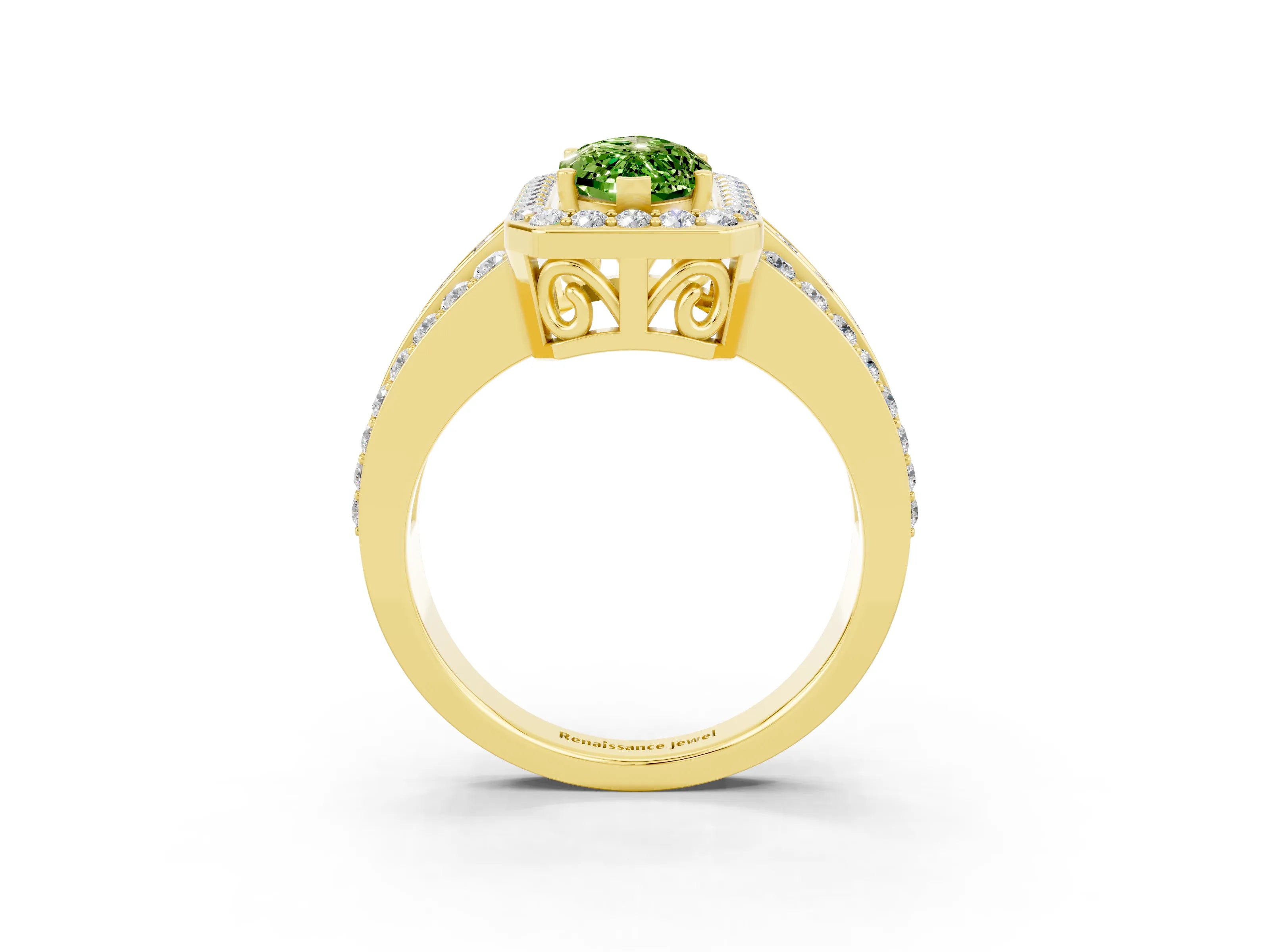 Yellow gold Marquise Cut Halo Peridot Ring with Split Shank and Four-Prong Setting_3