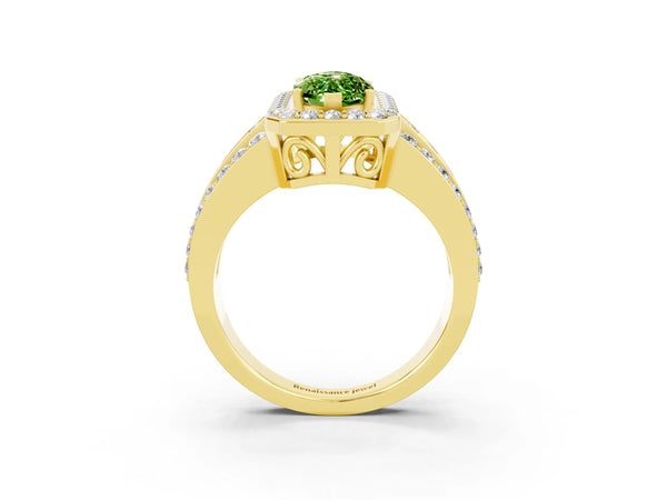 Yellow gold Marquise Cut Halo Peridot Ring with Round  Split Shank and Prong Setting