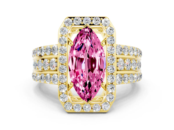 Yellow gold Marquise Cut Halo Pink Sapphire Ring with Round  Split Shank and Prong Setting