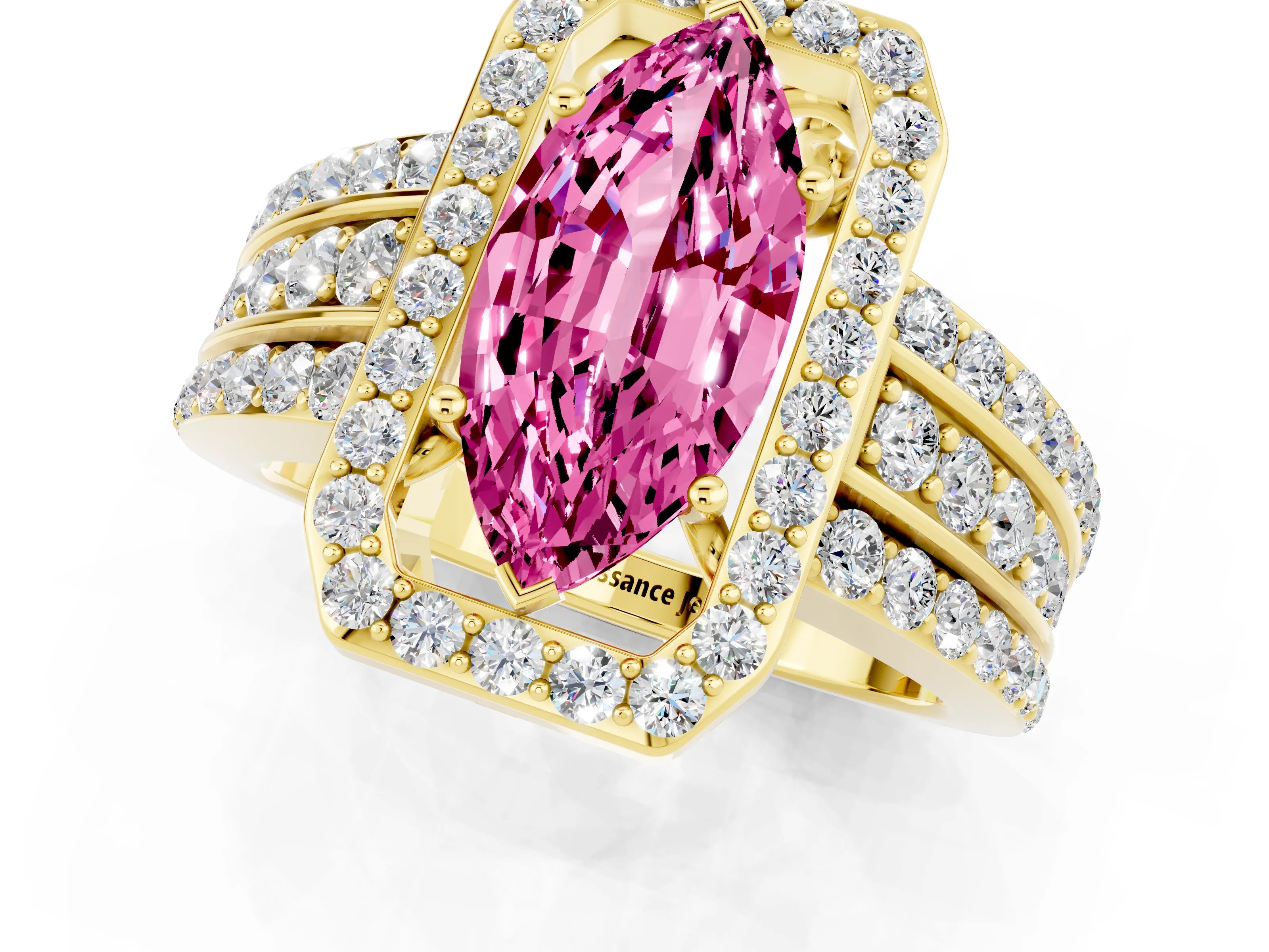 Yellow gold Marquise Cut Halo Pink Sapphire Ring with Split Shank and Four-Prong Setting_25