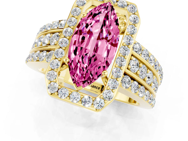 Yellow gold Marquise Cut Halo Pink Sapphire Ring with Round  Split Shank and Prong Setting