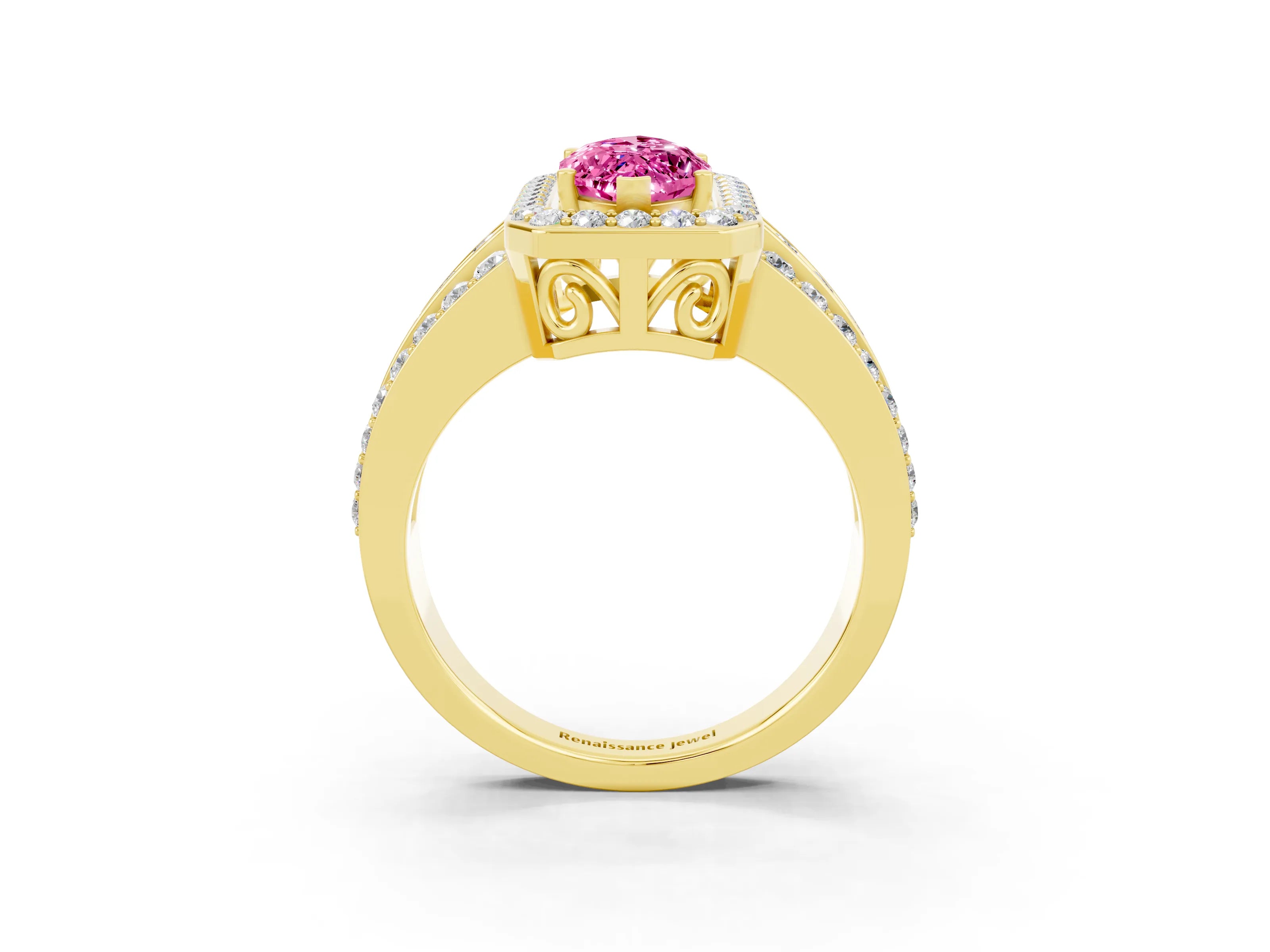 Yellow gold Marquise Cut Halo Pink Sapphire Ring with Split Shank and Four-Prong Setting_27