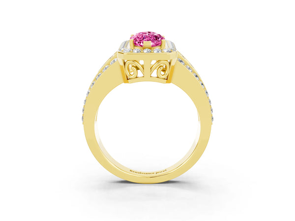 Yellow gold Marquise Cut Halo Pink Sapphire Ring with Round  Split Shank and Prong Setting