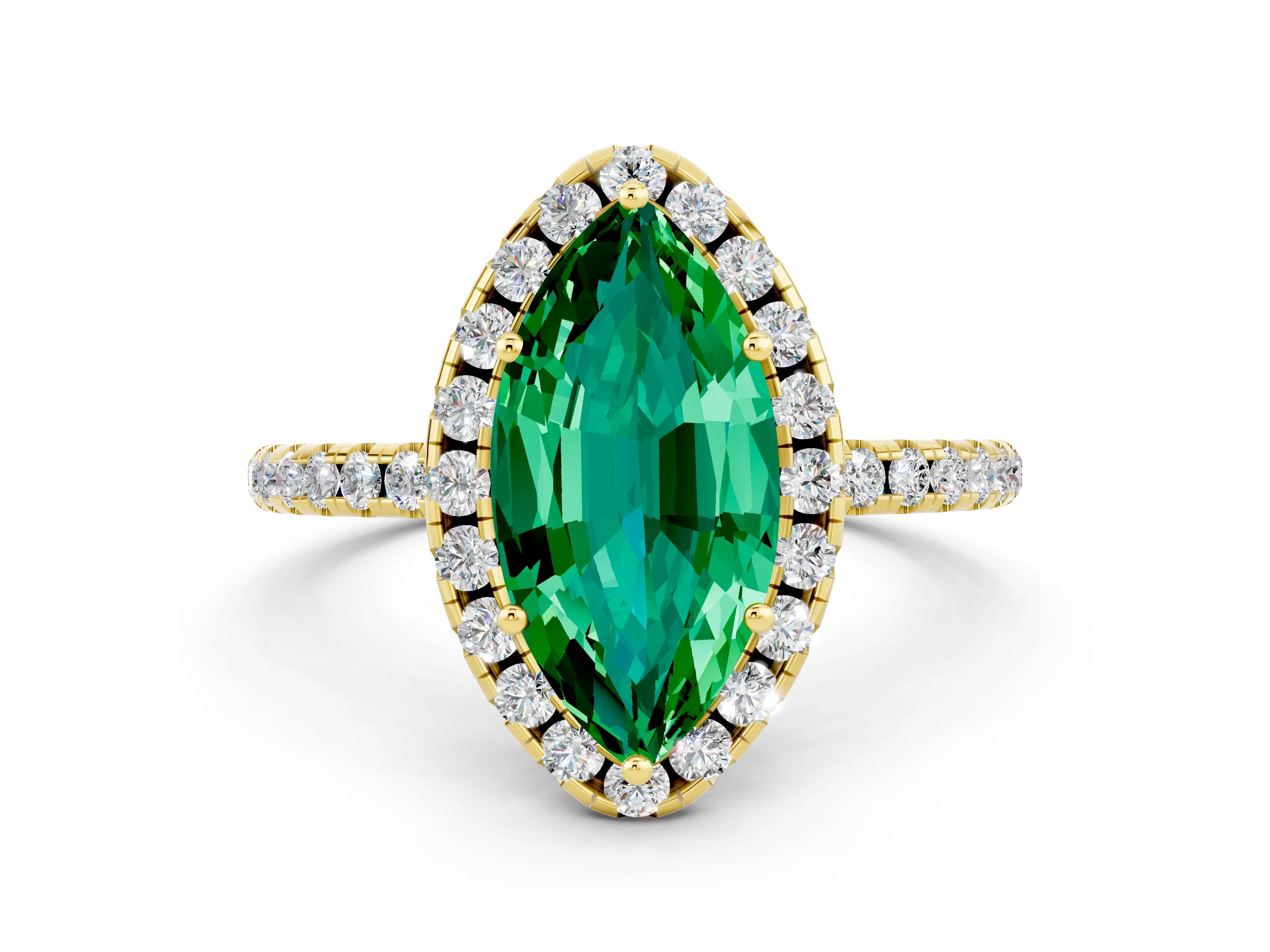 Yellow gold Marquise Cut Halo Round Diamond Pavé Band Four-Prong Ring
