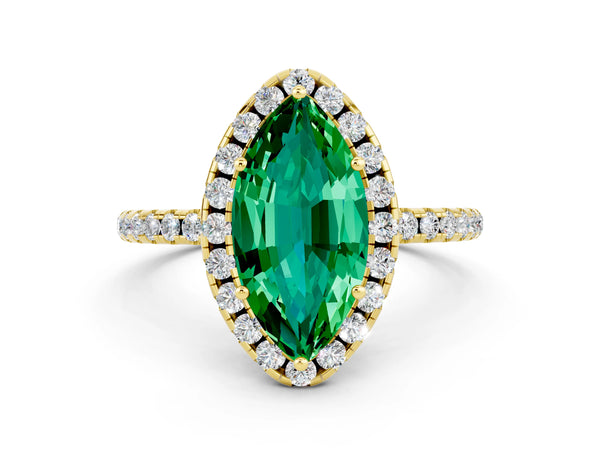 Yellow gold Marquise Cut Emerald Halo Ring with Round Pavé Band and Prong Setting