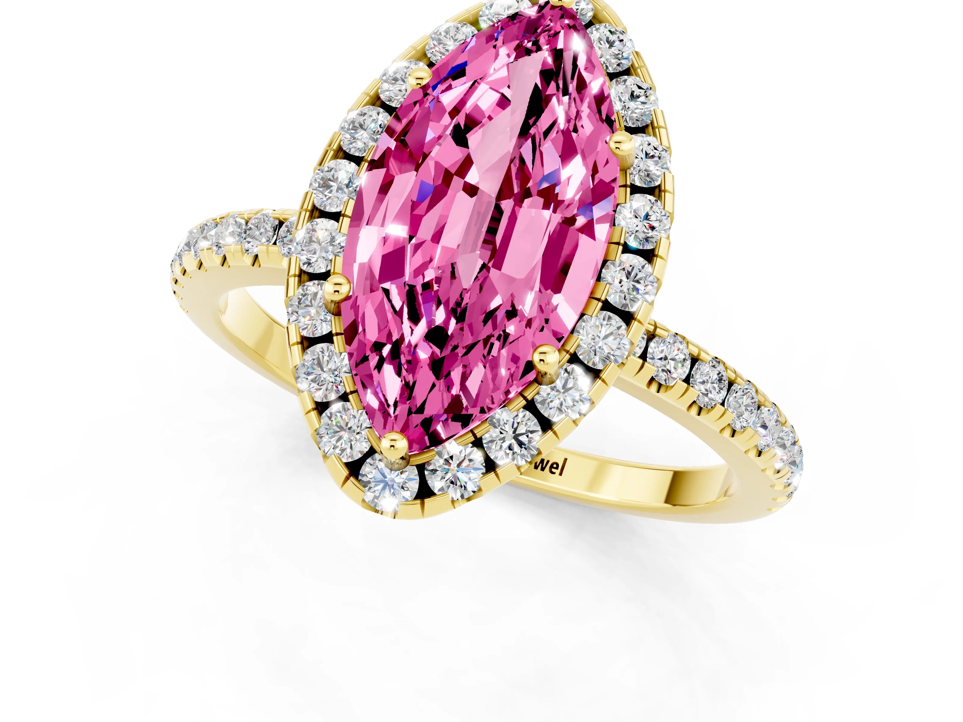 Yellow gold Marquise Cut Halo Round Diamond Pavé Band Four-Prong Ring_1