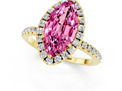 Yellow gold Marquise Cut Halo Round Diamond Pavé Band Four-Prong Ring_1