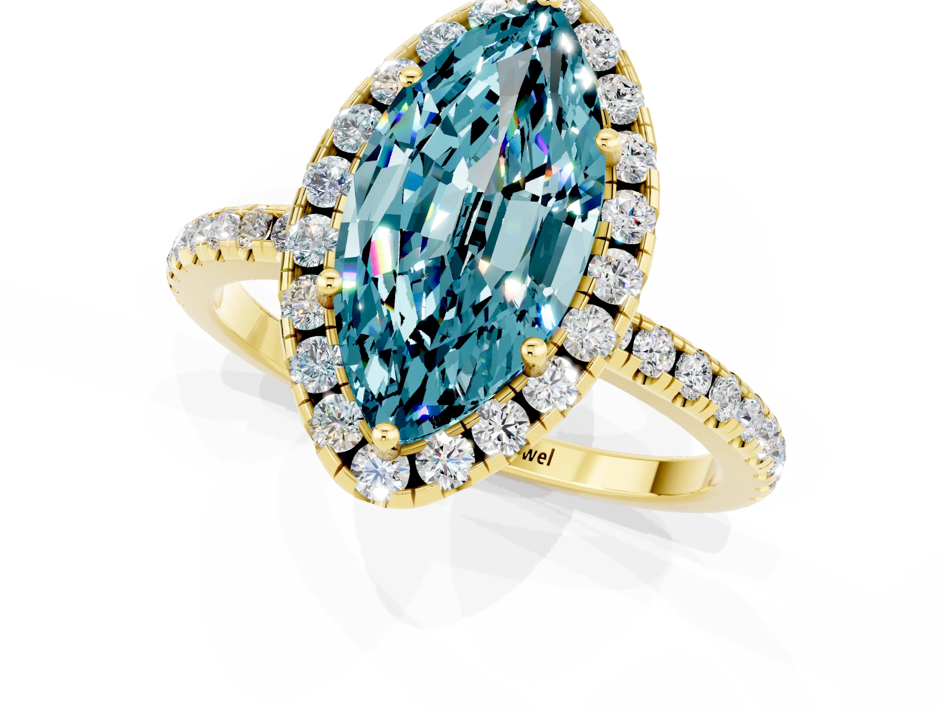 Yellow gold Marquise Cut Halo Round Diamond Pavé Band Four-Prong Ring_1