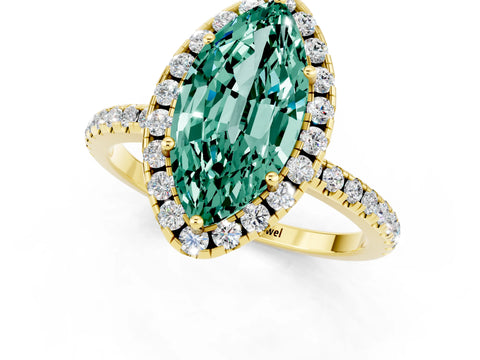 Yellow gold Marquise Cut Halo Round Diamond Pavé Band Four-Prong Ring_1