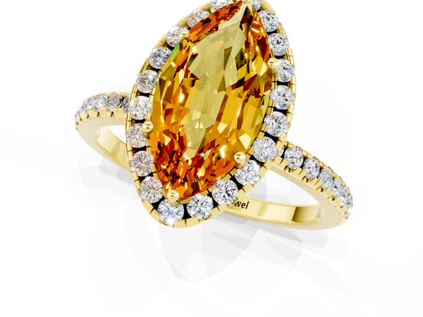 Yellow gold Marquise Cut Citrine Halo Ring with Round Pavé Band and Prong Setting