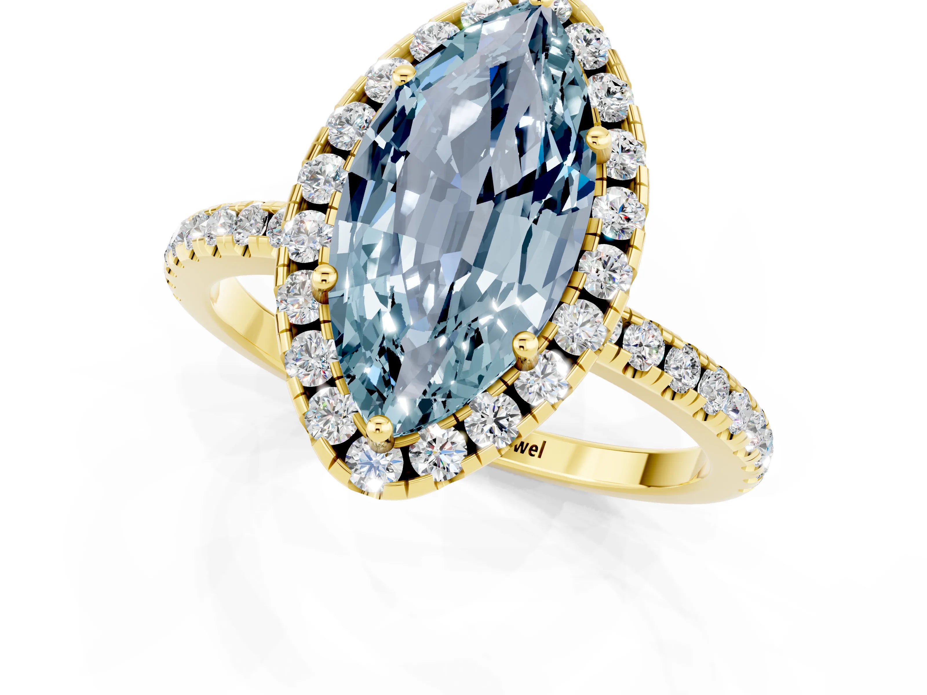 Yellow gold Marquise Cut Halo Round Diamond Pavé Band Four-Prong Ring_1