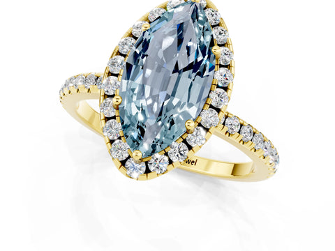 Yellow gold Marquise Cut Halo Round Diamond Pavé Band Four-Prong Ring_1