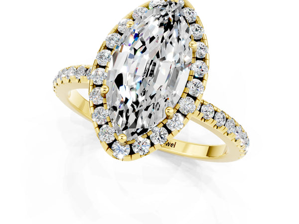 Yellow gold Marquise Cut Moissanite Halo Ring with Round Pavé Band and Prong Setting