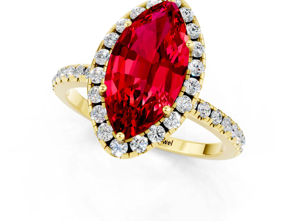 Yellow gold Marquise Cut Halo Round Diamond Pavé Band Four-Prong Ring