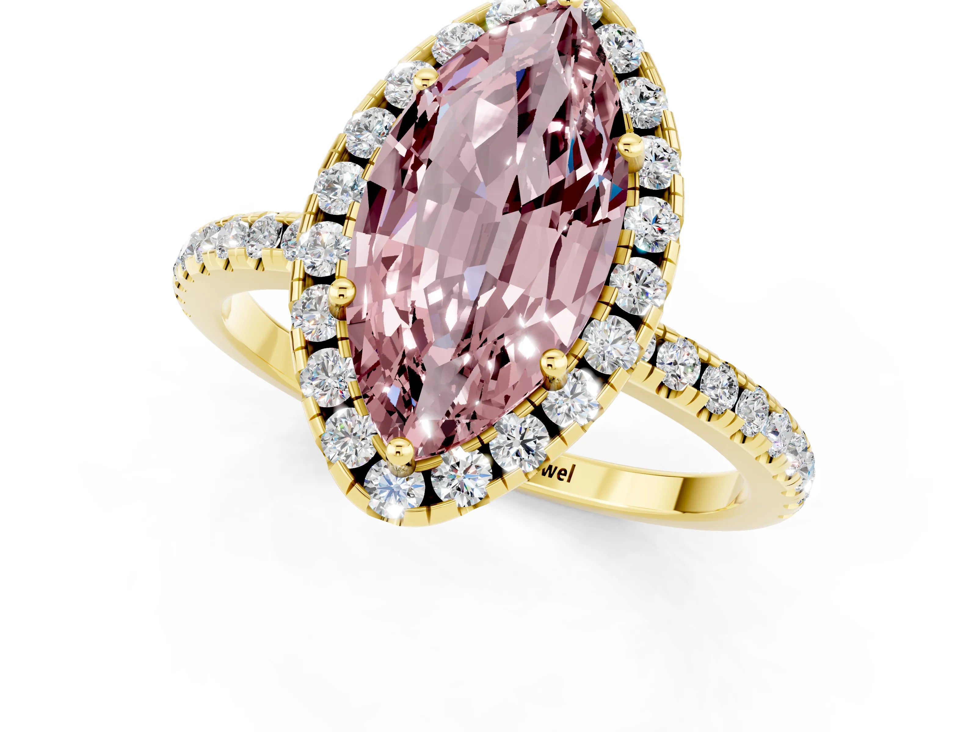 Yellow gold Marquise Cut Halo Round Diamond Pavé Band Four-Prong Ring_1