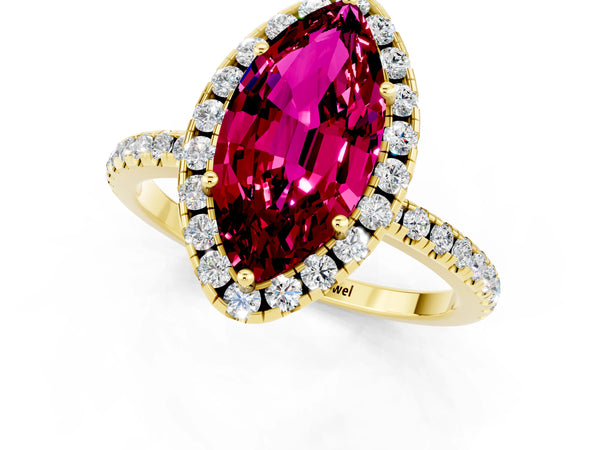 Yellow gold Marquise Cut Garnet Halo Ring with Round Pavé Band and Prong Setting