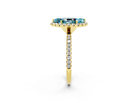 Yellow gold Marquise Cut Halo Round Diamond Pavé Band Four-Prong Ring_2