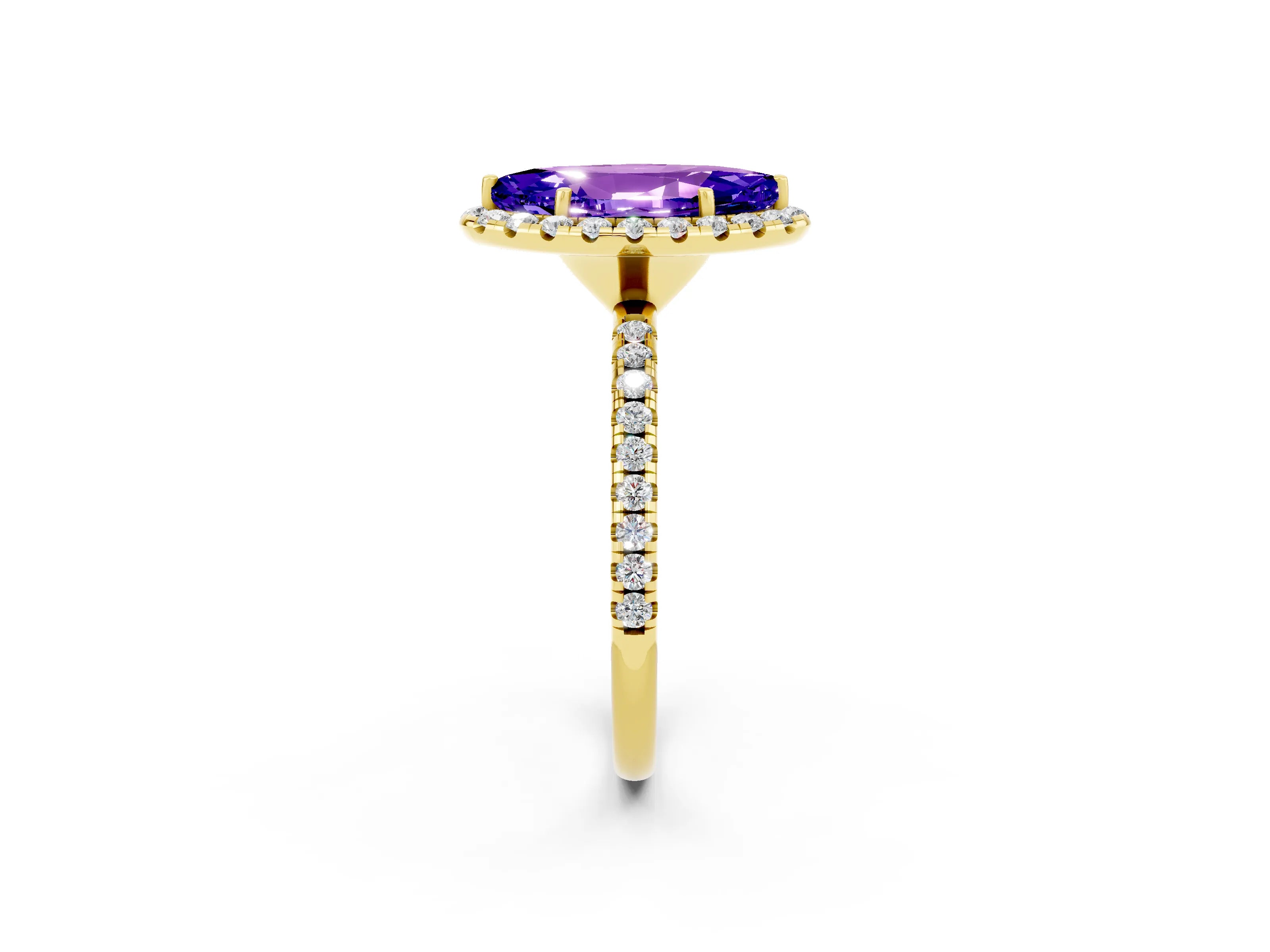 Yellow gold Marquise Cut Halo Round Diamond Pavé Band Four-Prong Ring_2