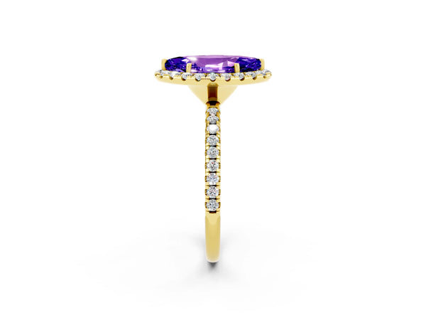 Yellow gold Marquise Cut Tanzanite Halo Ring with Round Pavé Band and Prong Setting
