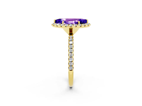 Yellow gold Marquise Cut Halo Round Diamond Pavé Band Four-Prong Ring_2