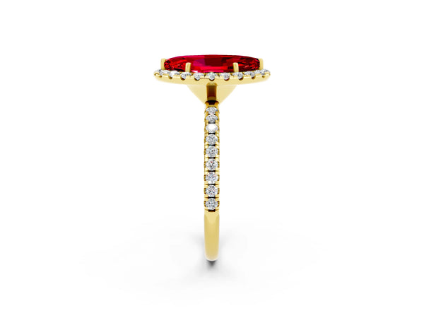 Yellow gold Marquise Cut Halo Round Diamond Pavé Band Four-Prong Ring