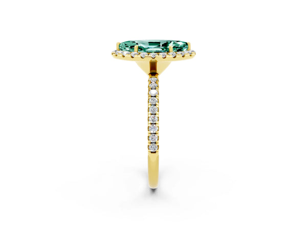 Yellow gold Marquise Cut Green Sapphire Halo Ring with Round Pavé Band and Prong Setting