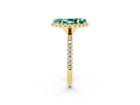Yellow gold Marquise Cut Halo Round Diamond Pavé Band Four-Prong Ring_2