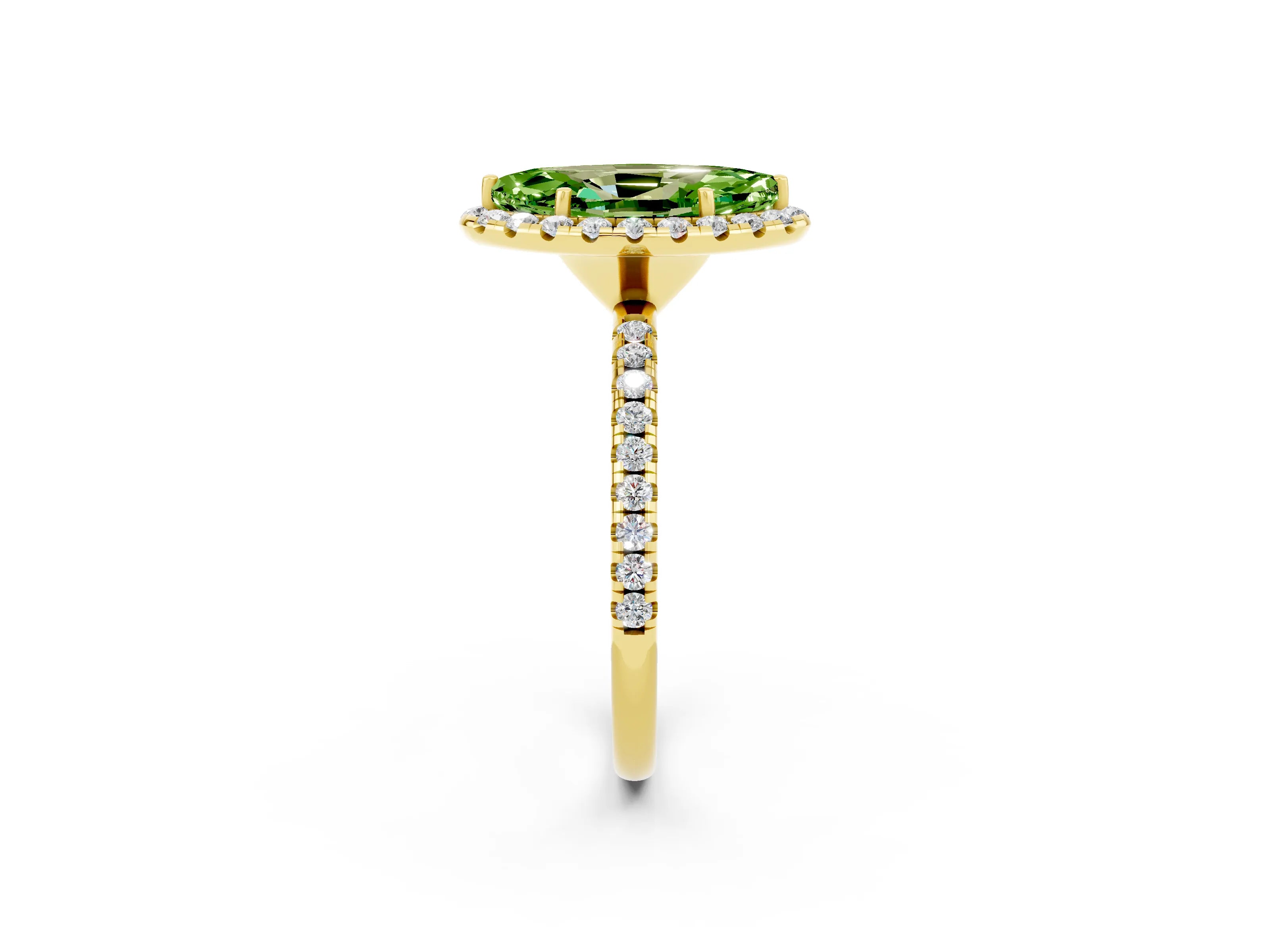 Yellow gold Marquise Cut Halo Round Diamond Pavé Band Four-Prong Ring_2