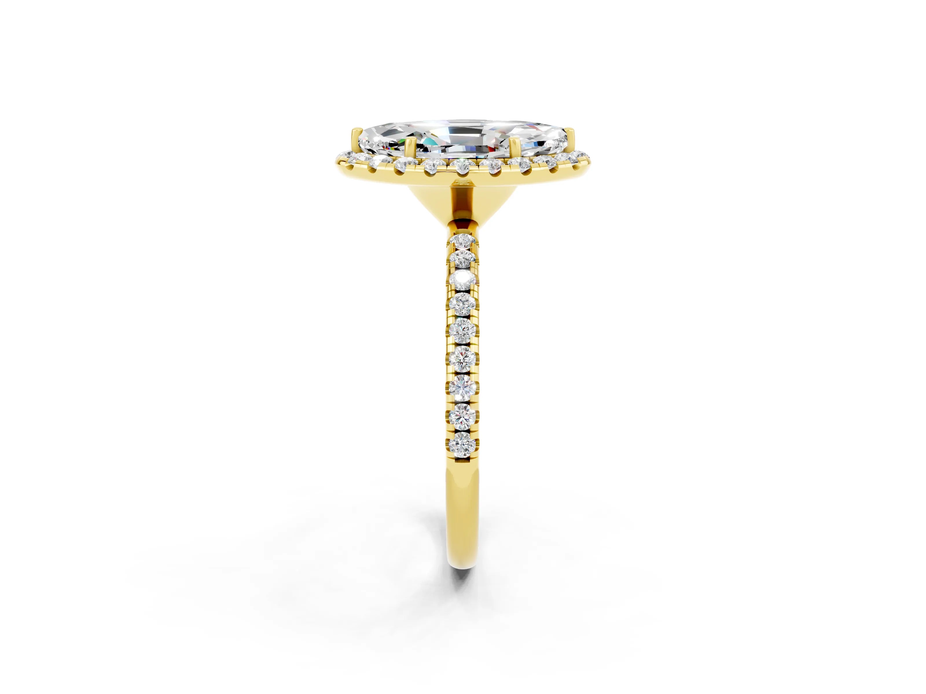 Yellow gold Marquise Cut Halo Round Diamond Pavé Band Four-Prong Ring_2
