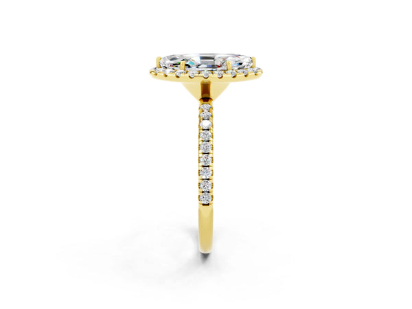 Yellow gold Marquise Cut Moissanite Halo Ring with Round Pavé Band and Prong Setting