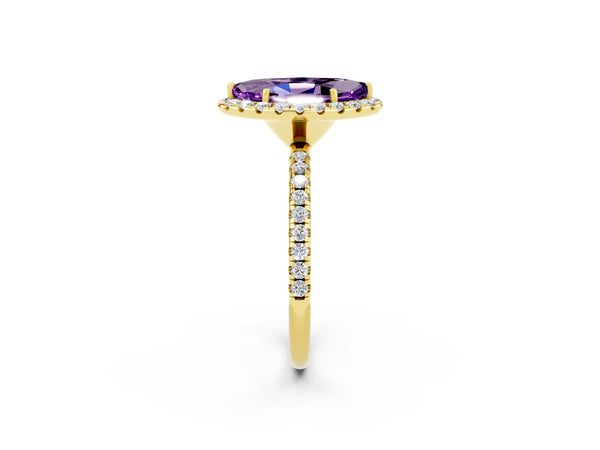 Yellow gold Marquise Cut Amethyst Halo Ring with Round Pavé Band and Prong Setting