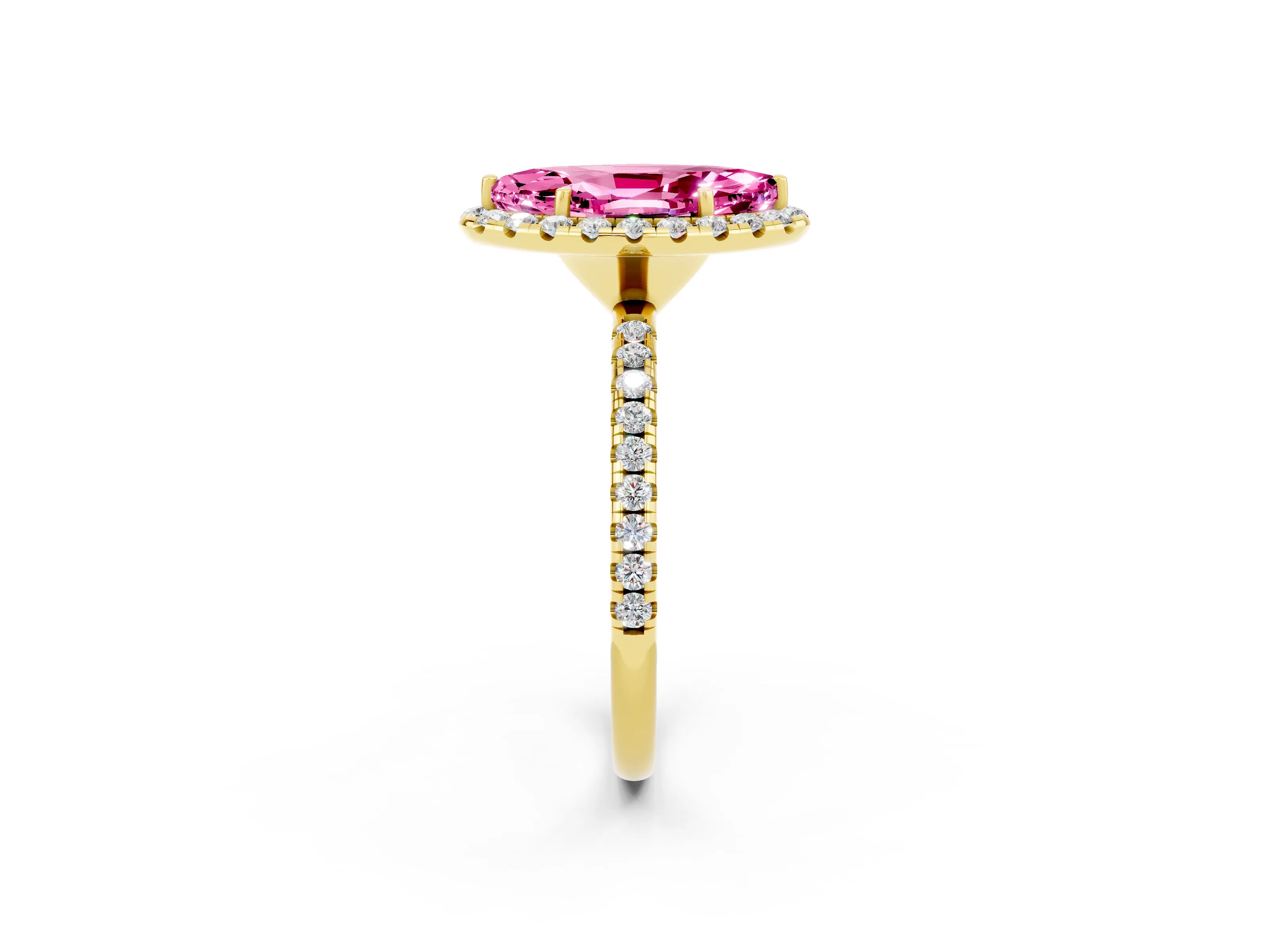 Yellow gold Marquise Cut Halo Round Diamond Pavé Band Four-Prong Ring_2