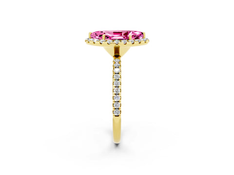 Yellow gold Marquise Cut Halo Round Diamond Pavé Band Four-Prong Ring_2