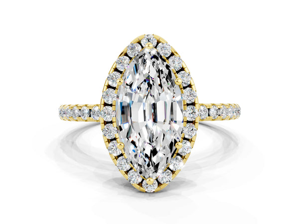 Yellow gold Marquise Cut Moissanite Halo Ring with Round Pavé Band and Prong Setting
