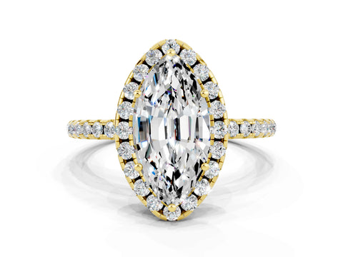 Yellow gold Marquise Cut Halo Round Diamond Pavé Band Four-Prong Ring