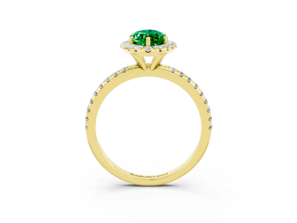 Yellow gold Marquise Cut Emerald Halo Ring with Round Pavé Band and Prong Setting