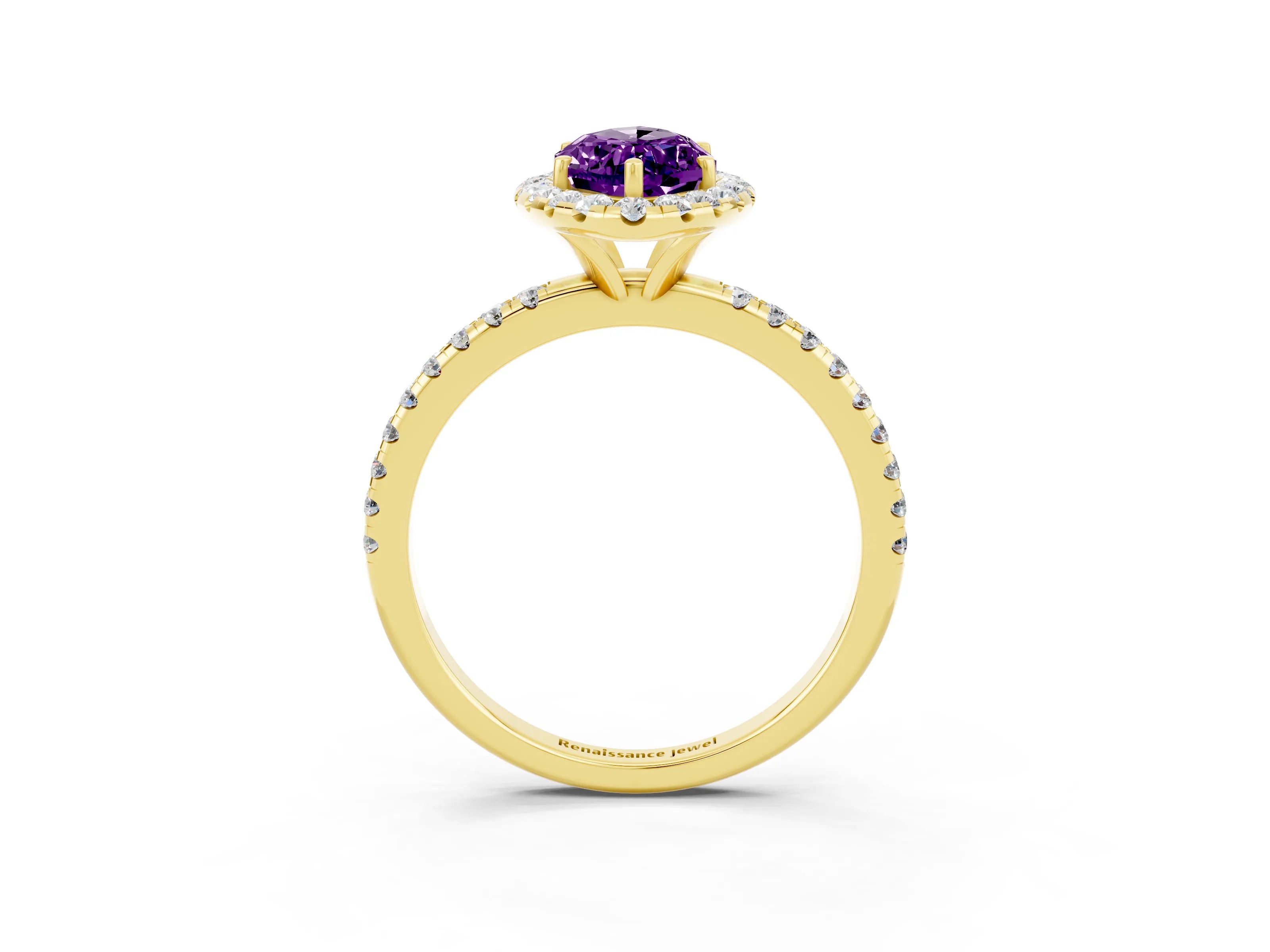 Yellow gold Marquise Cut Halo Round Diamond Pavé Band Four-Prong Ring_3