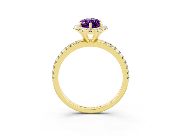 Yellow gold Marquise Cut Amethyst Halo Ring with Round Pavé Band and Prong Setting