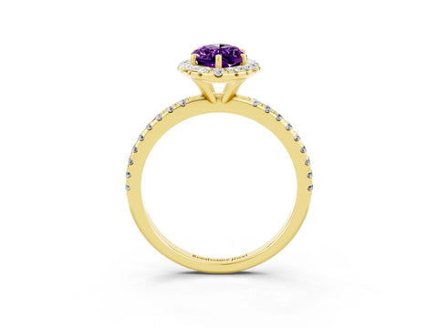 Yellow gold Marquise Cut Halo Round Diamond Pavé Band Four-Prong Ring_3