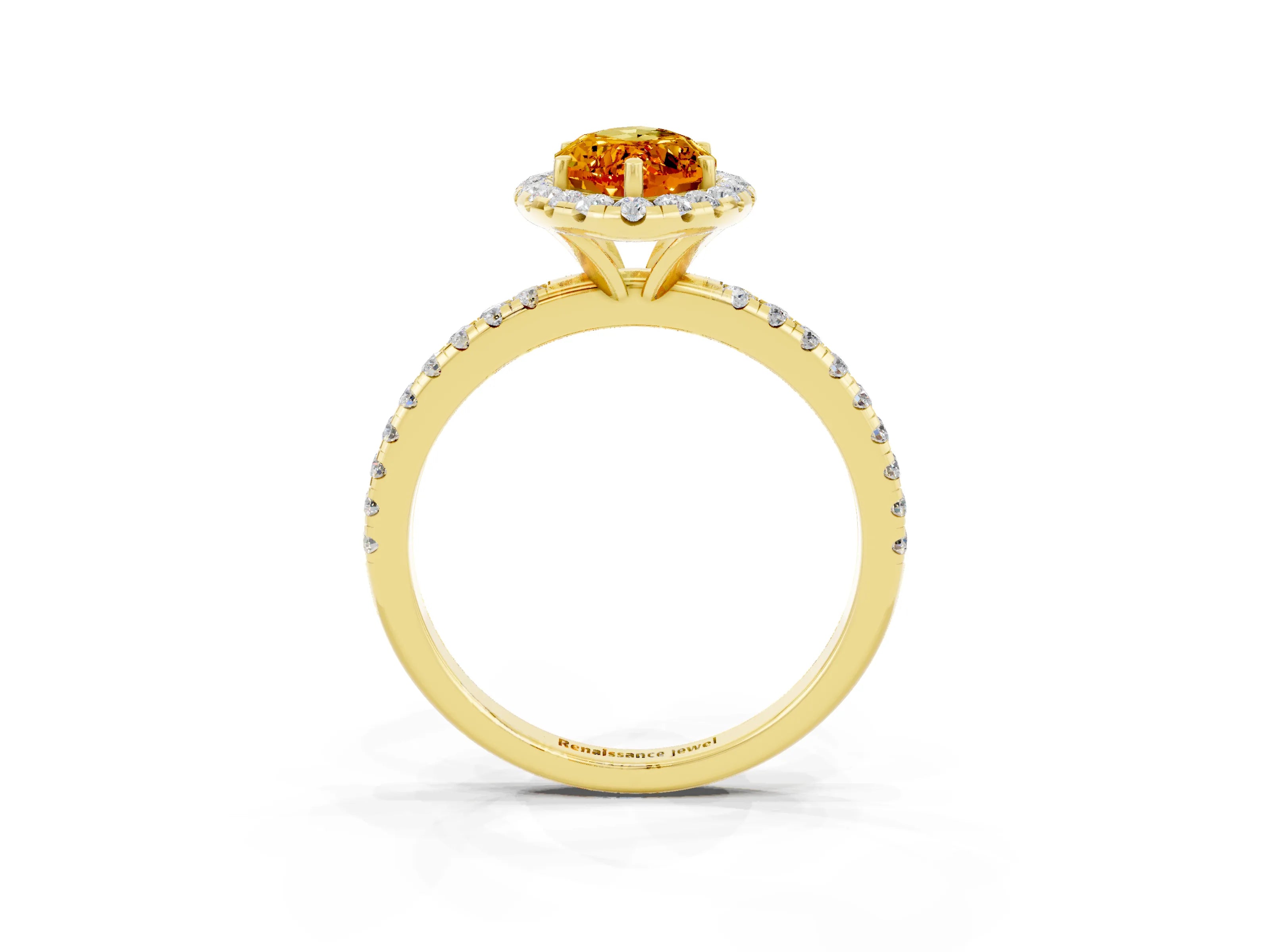 Yellow gold Marquise Cut Halo Round Diamond Pavé Band Four-Prong Ring_3