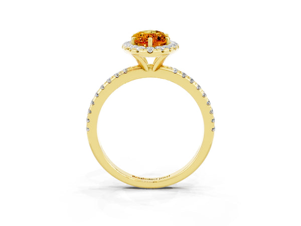 Yellow gold Marquise Cut Citrine Halo Ring with Round Pavé Band and Prong Setting