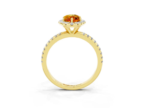Yellow gold Marquise Cut Halo Round Diamond Pavé Band Four-Prong Ring_3