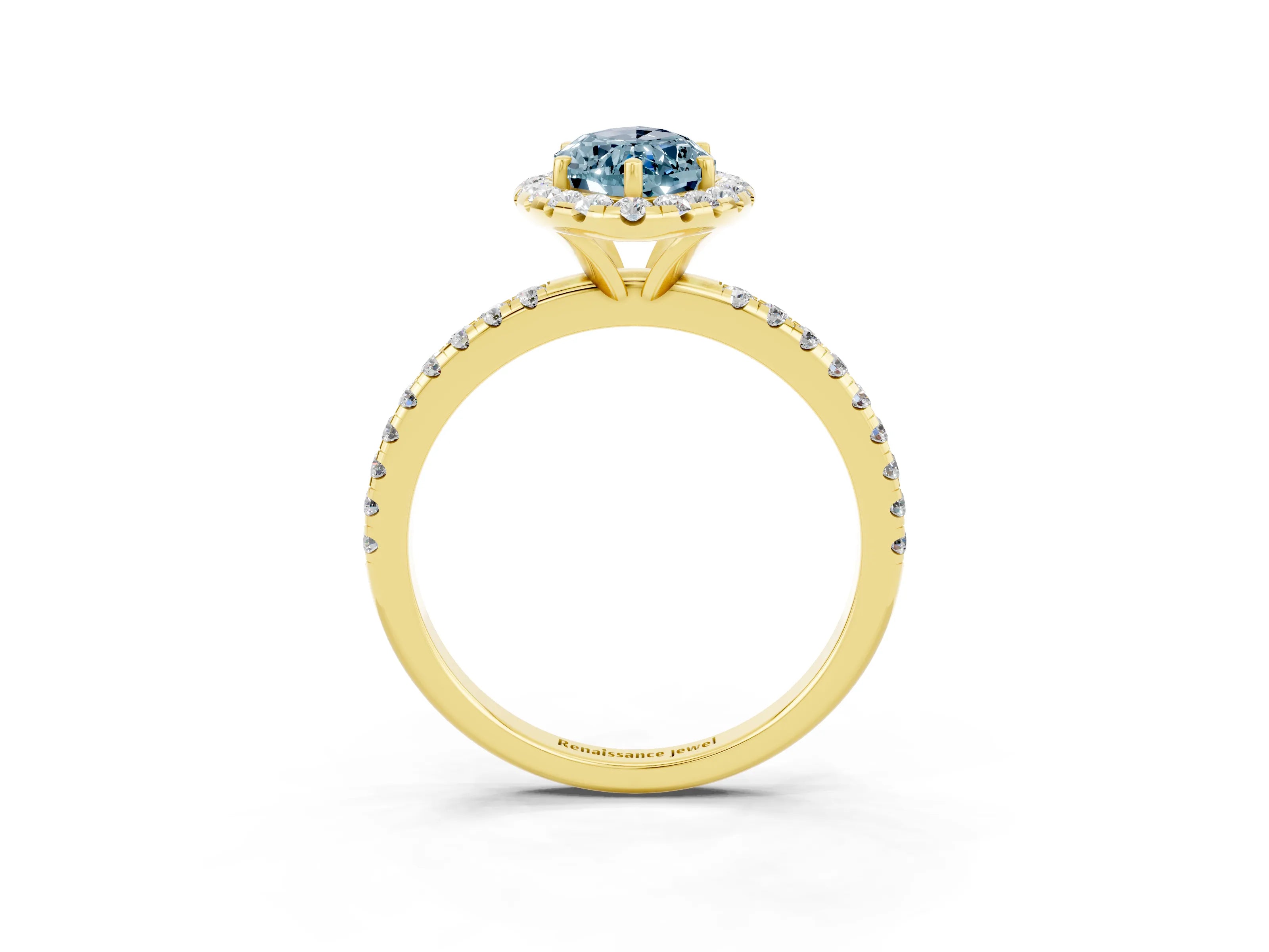 Yellow gold Marquise Cut Halo Round Diamond Pavé Band Four-Prong Ring_3